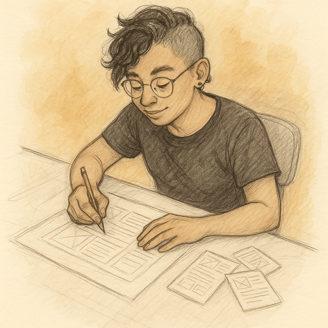 A designer sketching wireframes at a drafting table