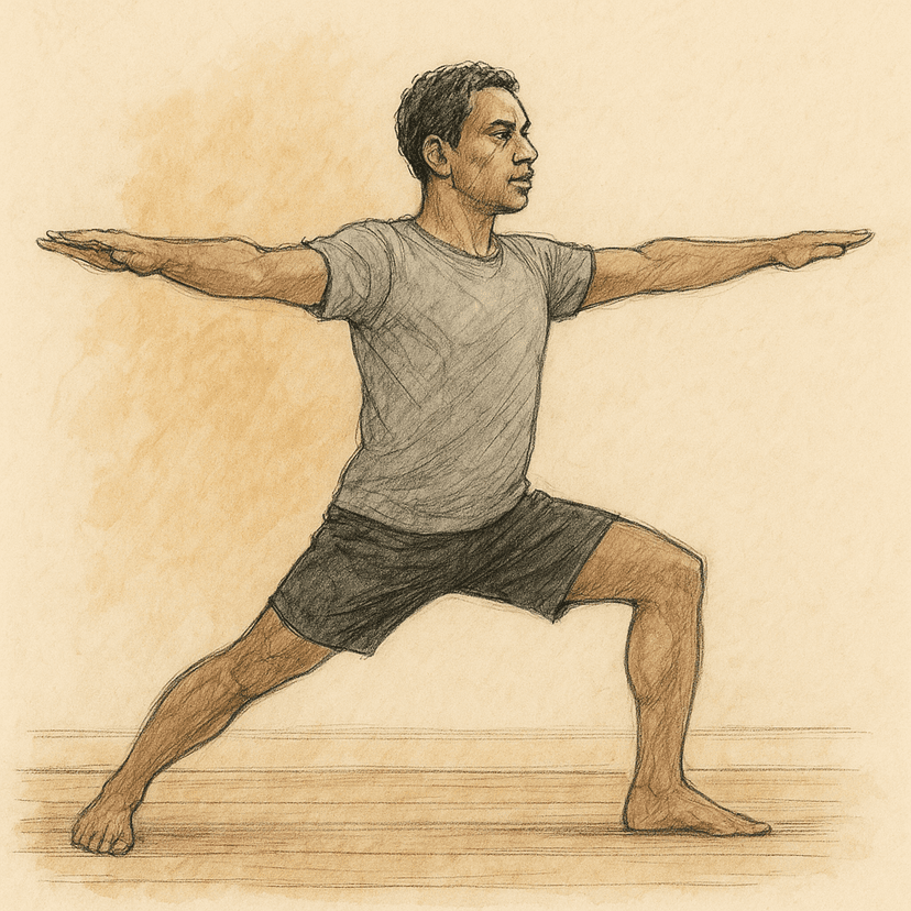 A man holding a steady warrior yoga pose, illustrating grounded focus