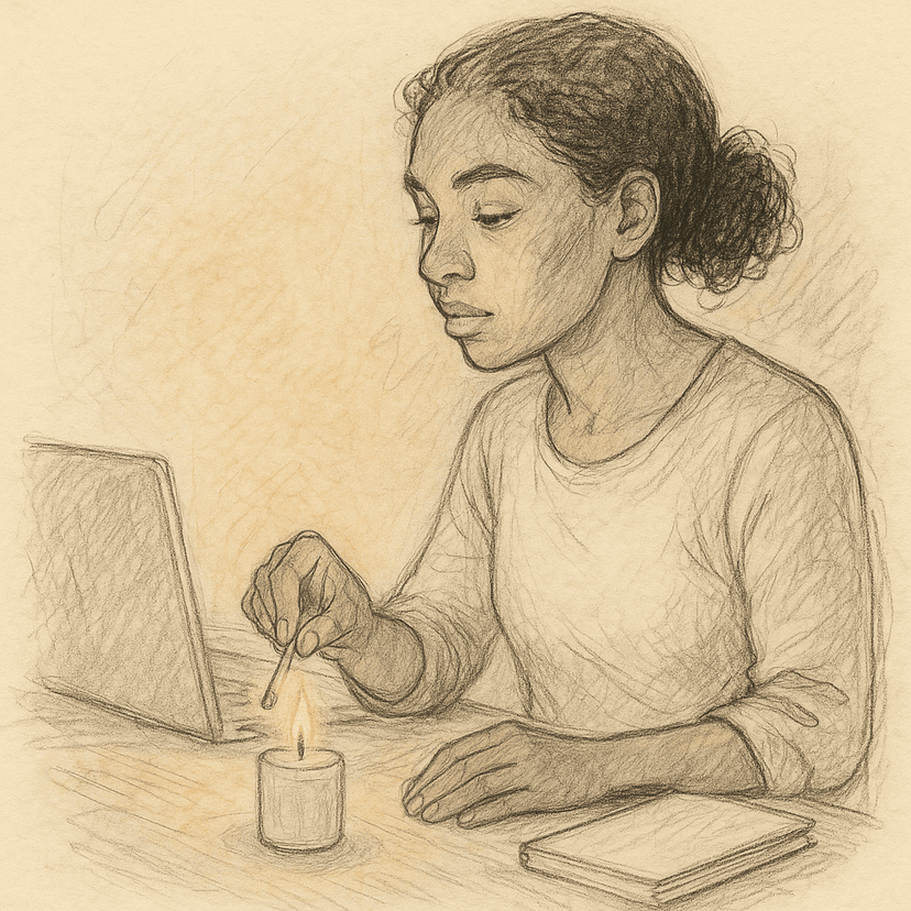 A woman lighting a candle on a tidy desk, a quiet moment of intention