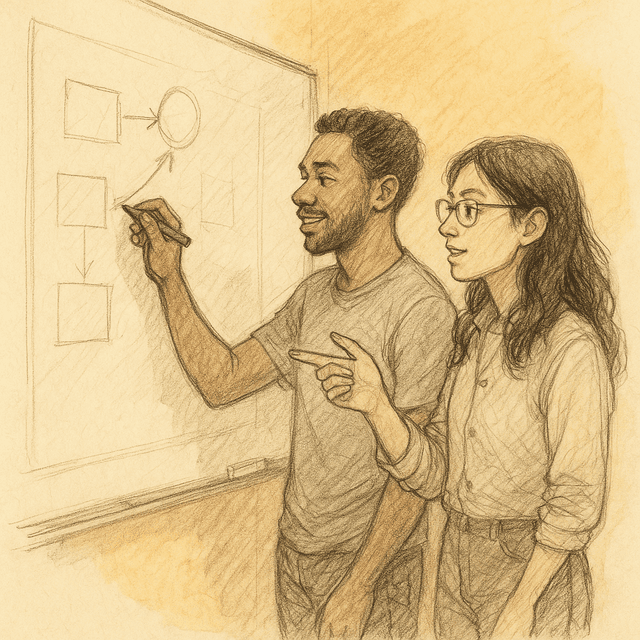 Two collaborators at a whiteboard, illustrating shared focus sessions
