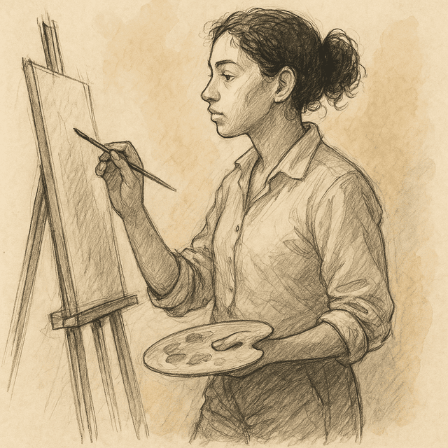 A painter at an easel, brush in hand, illustrating creative flow state