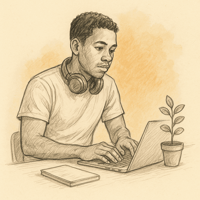 A developer typing in deep focus with headphones, illustrating deep work