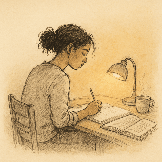 A student studying by warm lamplight, illustrating focused Pomodoro sessions