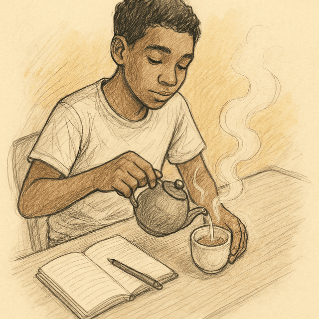 A teenager pouring tea before a study session, illustrating focus rituals