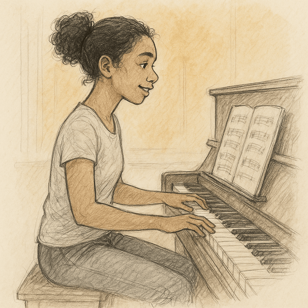 A musician practicing at the piano, illustrating focused, deliberate practice